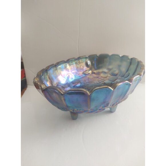 Vintage Indiana Carnival Large Glass Footed Harvest Fruit Bowl Iridescent Blue - Picture 13 of 13